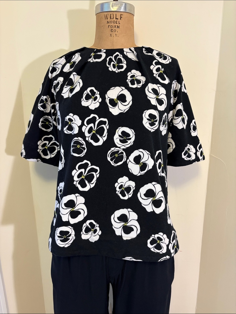 Joan Vass Black Short Sleeve Tee with White Floral Print